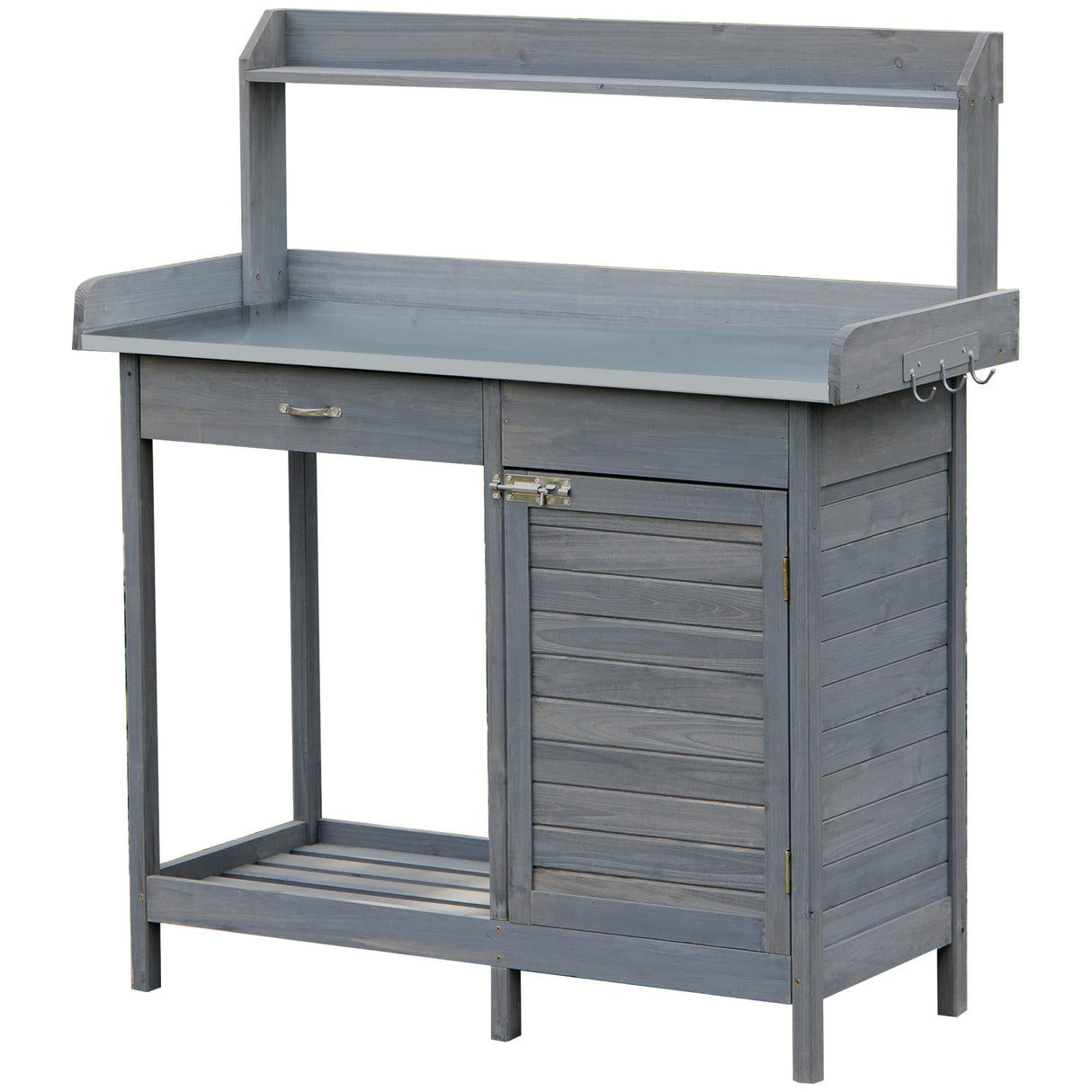 Outsunny Outdoor Potting Bench Table, Garden Work Station with Storage Cabinet, Open Shelf and Steel Tabletop, Gray Outsunny