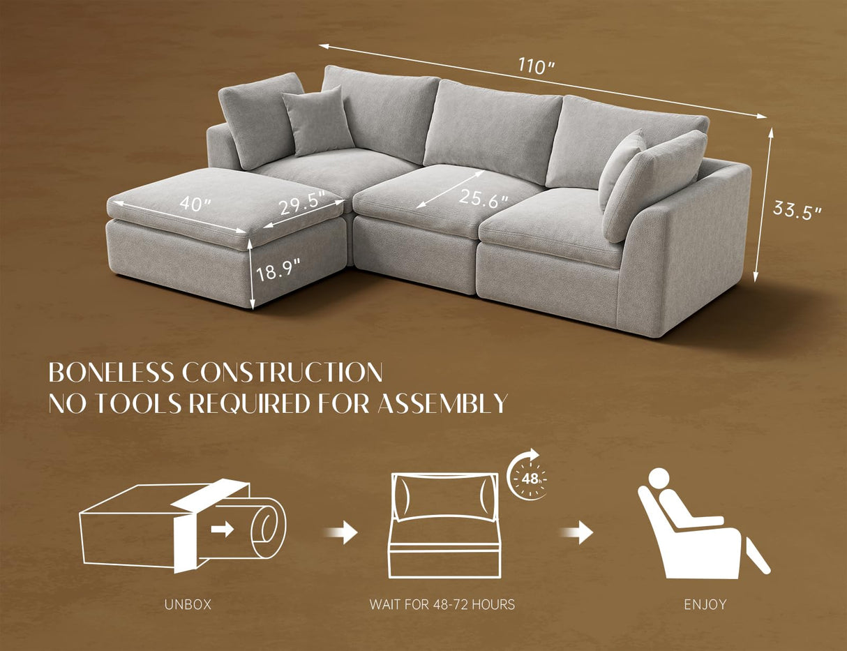 ohllob 110" Cloud Sectional Couches for Living Room, Boneless L-Shape Couch with Ottoman, 3 Seater Modular Sectional Sofa, Light Grey ohllob