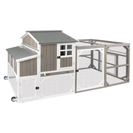 Gowoodhut Chicken Coop Mobile Wooden Hen House with Nesting Box,95.3" L Outdoor Chicken House with Wheels and Removable Tray,Fir Wood Chicken Tractor with 6 Ventilation Door and Ramp-Grey Gowoodhut