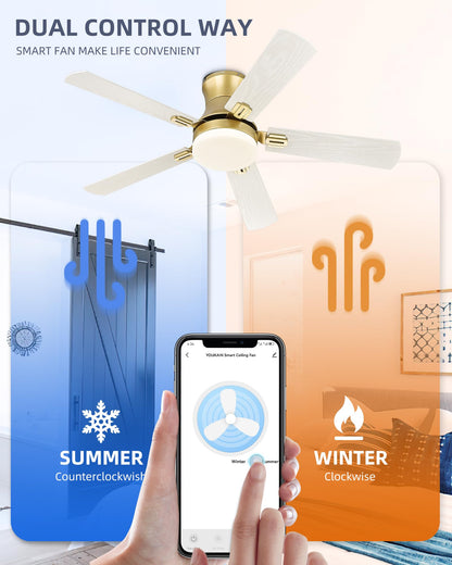 YOUKAIN Ceiling Fans with Lights, 52 inch Low Profile Ceiling fan with Remote Control and App Control, Flush Mount, Reversible, Dimmable, Gold Ceiling Fan for Bedroom, Indoor/Outdoor Use, 52-YJ865-GD