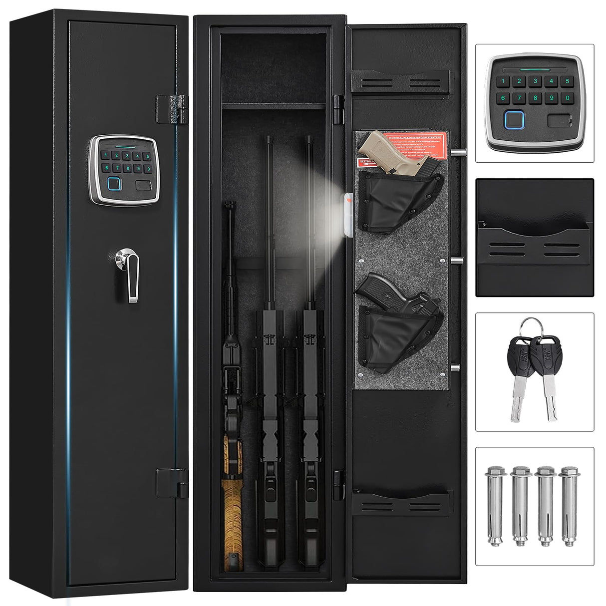 ANXINWEI Gun Safe, 2-3 Fingerprint Gun Cabinet with Anti-Theft Alarm, 180° Door Open Quick Access Biometric Rifle Safes for Home, Long Gun Safe Locker with Removable Shelf, Shotgun Safe with LED Light ANXINWEI