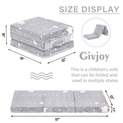 Givjoy Foldable Floor Mattress for Kids, Glow in The Dark Toddler Washable Tri Folding Floor Nap Mat for Sleeping Daycare, Child Trifold Futon Sofa Bed with Storage Bag for Girls and Boys