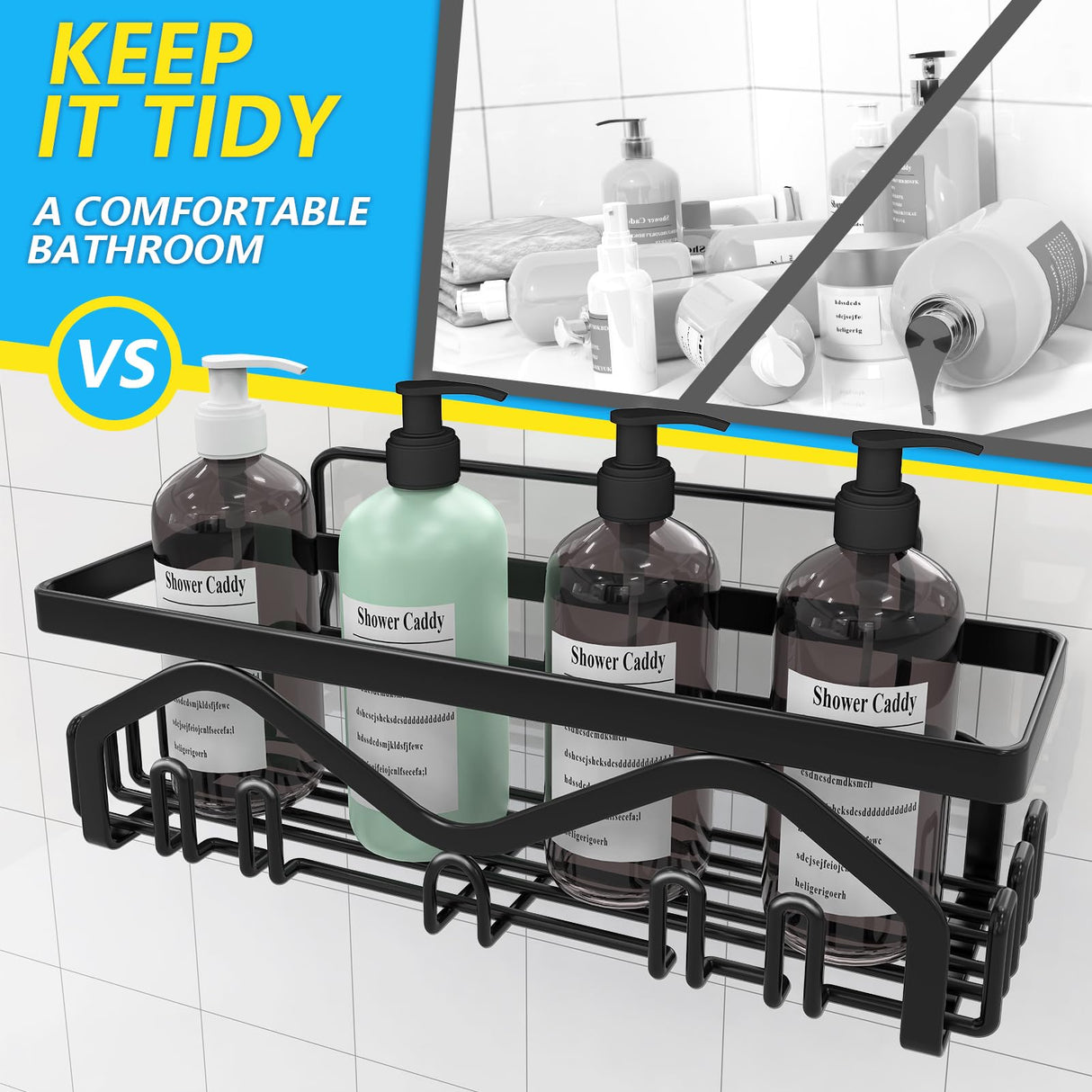 Coraje Shower Caddy, Shower Shelves [5-Pack], Adhesive Shower Organizer No Drilling, Large Capacity, Rustproof Bathroom Shower Organizer, Shower Shelf for Inside Shower (Black) Coraje