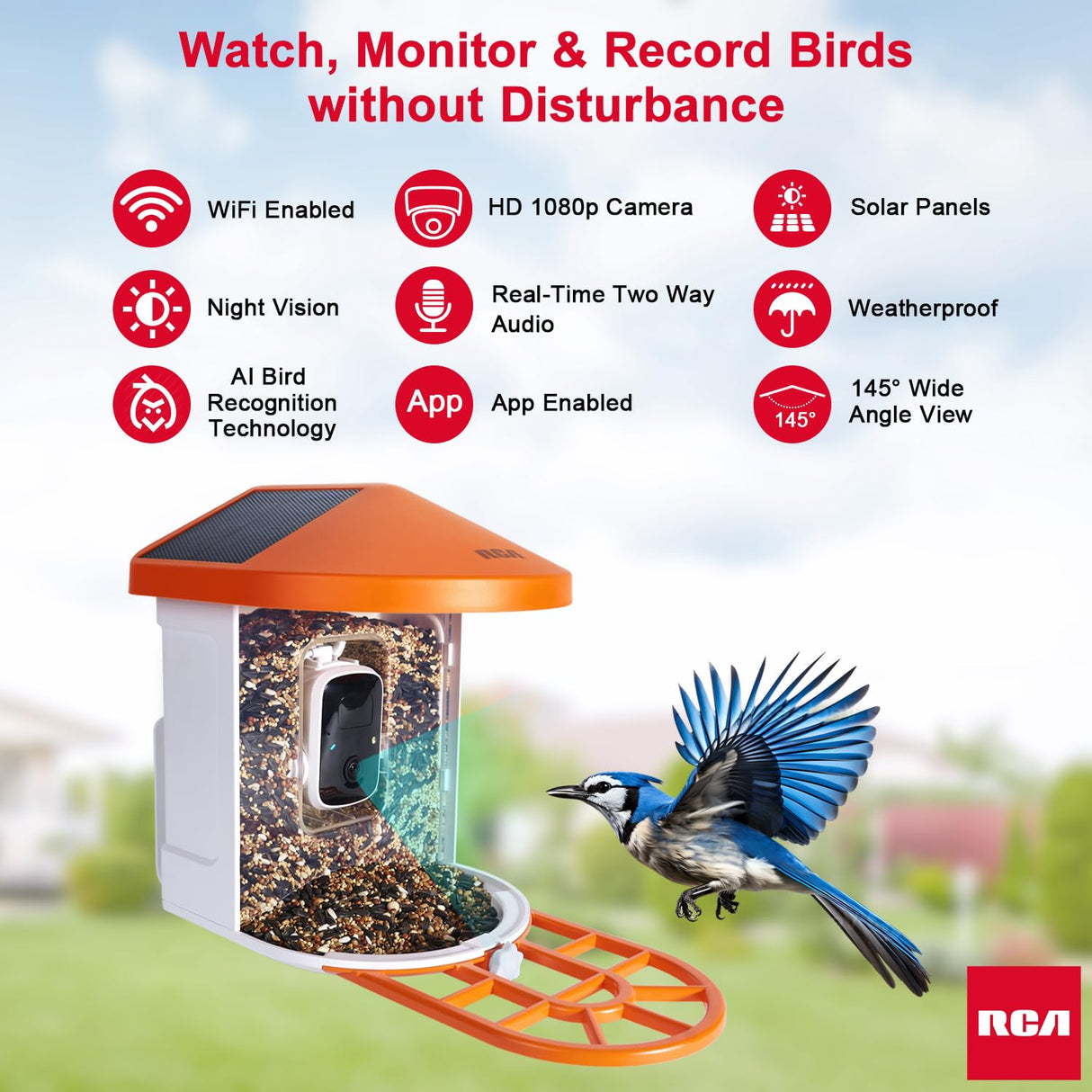 RCA Smart Bird Feeder with HD Camera – AI Bird Recognition Technology, Infrared Night Vision, Solar Powered, Two-Way Audio, Waterproof/Dustproof, WiFi-Enabled, Cloud Storage, App-Control RCA