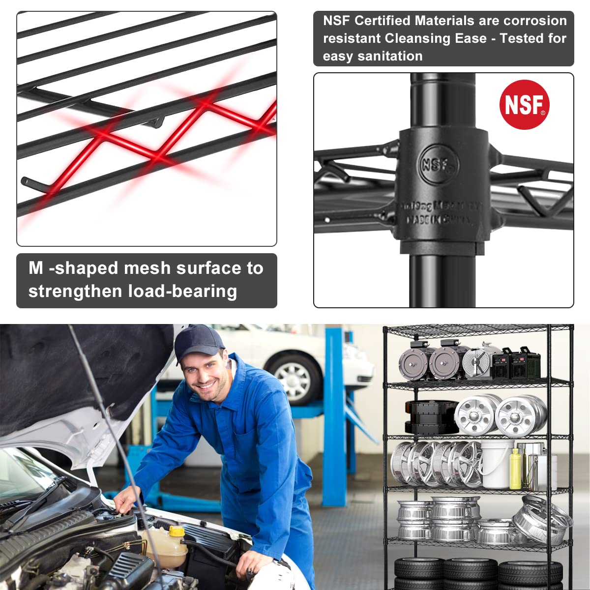 6 Tier Storage Shelves, 5999 Lbs Capacity Metal Shelf with Wheels Height Adjustable NSF Certification 48" L×18" W×72" H Heavy Duty Wire Shelving Units for Garage Pantry Kitchen Rack, Black Dlewmsyic