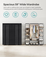 SONGMICS Closet Wardrobe, Portable Closet for Bedroom, Clothes Rail with Non-Woven Fabric Cover, Clothes Storage Organizer, 59 x 17.7 x 69 Inches, 12 Compartments, Black ULSF03H SONGMICS