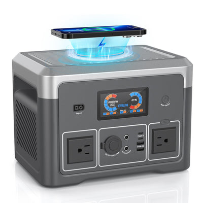 Portable Power Station, 384Wh LiFePO4 Battery Backup, 600W(1800W Peak) Solar Generator with 10 Outlets,UPS Function, Solar Power Station for Home Emergency,Camping,RV, Bluetooth Speaker&LED Lights