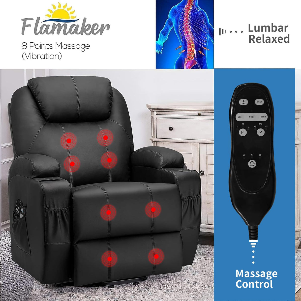 Flamaker Power Lift Recliner Chair PU Leather with Massage for Elderly Ergonomic Lounge Chair Classic Single Sofa with 2 Cup Holders Side Pockets Home Theater Seat (Leather, Light Black) Flamaker