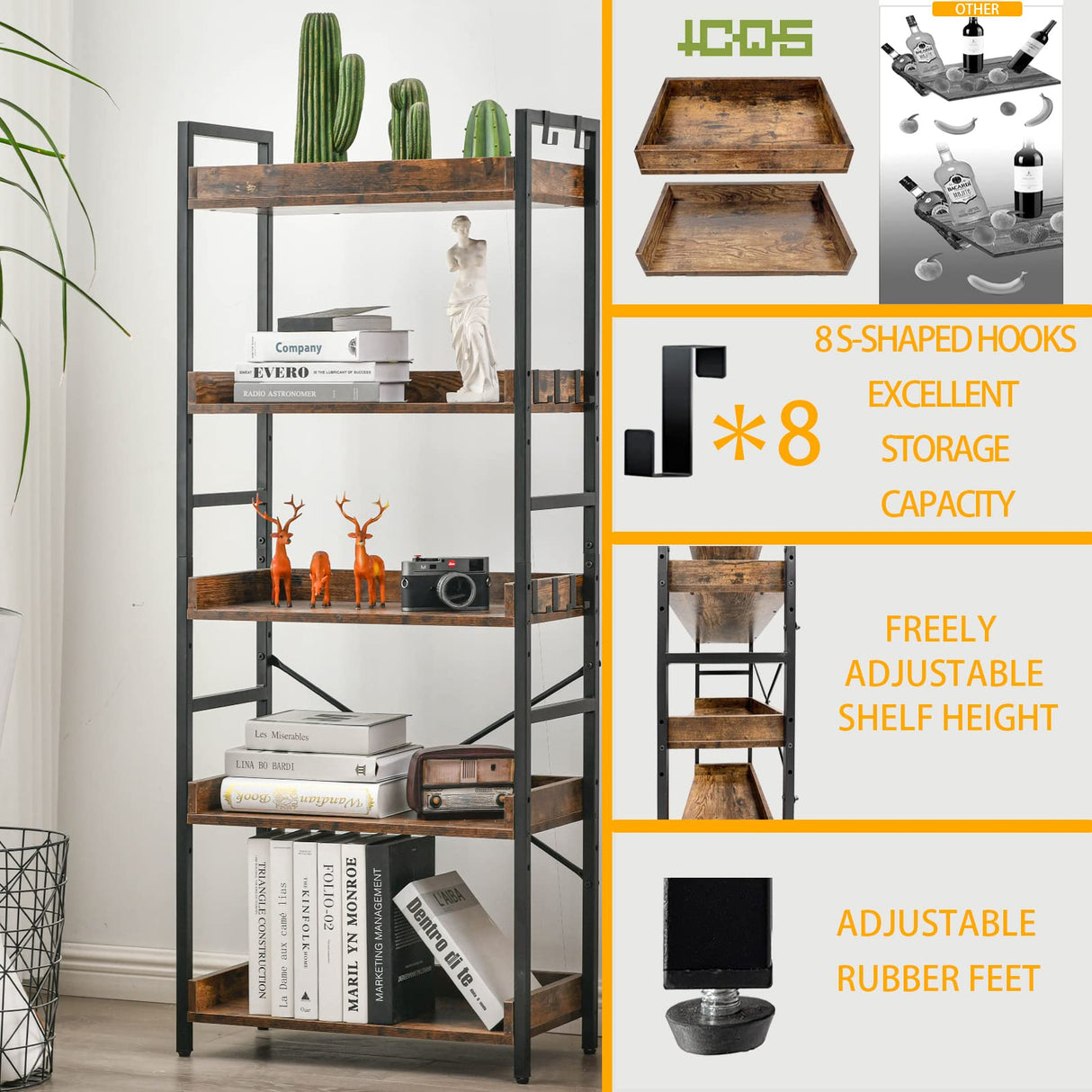 HCHQHS Rustic Brown 5-Tier Adjustable Open Bookcase with Industrial Metal Accents HCHQHS
