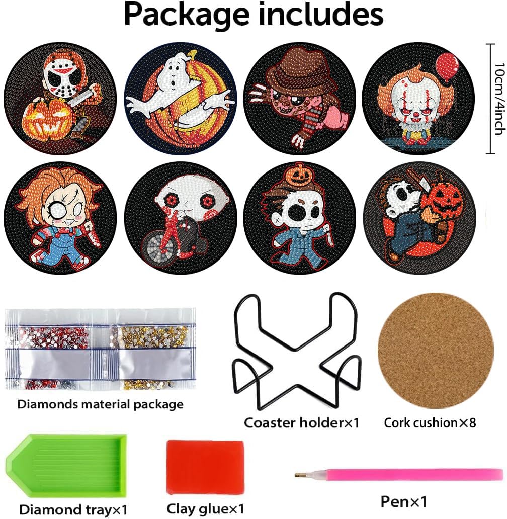 Canrichshop 8 Pcs Diamond Painting Coasters,Halloween Diamond Painting Kits,Horror Movies Diamond Art Coasters,5D Full Drill Diamond Dots,DIY Kits for Adults Arts and Crafts Supplies Canrichshop