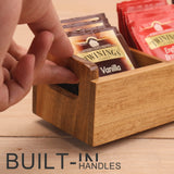 HTB Small Tea Bag Box Wooden, 3 Compartments Acacia Wood Tea Bag Chest with Handle, Mini Countertop Divided Storage Container for Beverage Supplies, Sugar, Sweeteners, Individual Packets HTB
