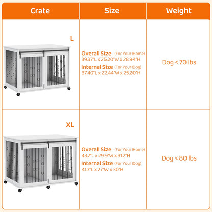 IchbinGo Dog Crate Furniture with Sliding Barn Door, 39" Wooden Dog Kennel End Table with Wheels and Flip-top Plate Dog House with Detachable Divider for Small/Medium/Large Dog (White) - WoodArtSupply