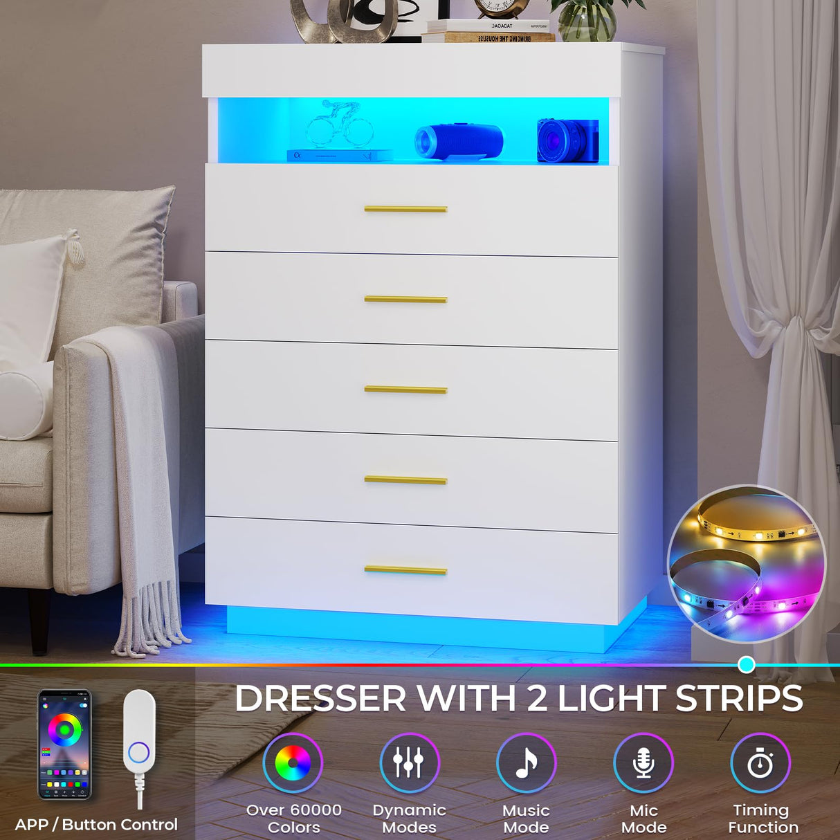 BTHFST White Dresser with LED Lights, Floating Tall Dresser with 5 Large Drawers & Open Storage Space & Pull Out Tray, Chest of Drawers, 5 Drawer Dresser Wood for Bedroom, Living Room BTHFST