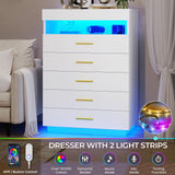 BTHFST White Dresser with LED Lights, Floating Tall Dresser with 5 Large Drawers & Open Storage Space & Pull Out Tray, Chest of Drawers, 5 Drawer Dresser Wood for Bedroom, Living Room BTHFST