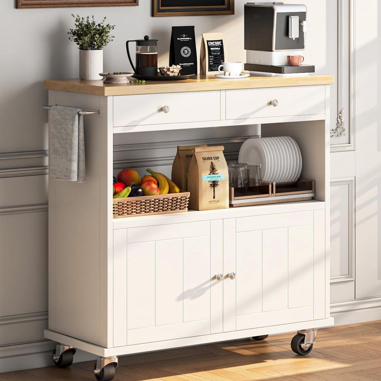 knoworld Rolling Kitchen Island with Storage Cabinet, 35.4'' Width Kitchen Cart, 2 Drawers Island Table, Portable Mobile Kitchen Island with Towel Rack, Wood Top and Lockable Wheels, White knoworld