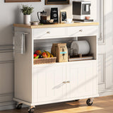 knoworld Rolling Kitchen Island with Storage Cabinet, 35.4'' Width Kitchen Cart, 2 Drawers Island Table, Portable Mobile Kitchen Island with Towel Rack, Wood Top and Lockable Wheels, White knoworld