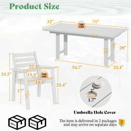 AMERLIFE 7-Piece HDPE Outdoor Dining Table Set with 6 Chairs, 71" L Patio Dining Furniture Set with Umbrella Hole, Modern Dinner Table & Chairs Set for Garden, Backyard, Poolside, White AMERLIFE