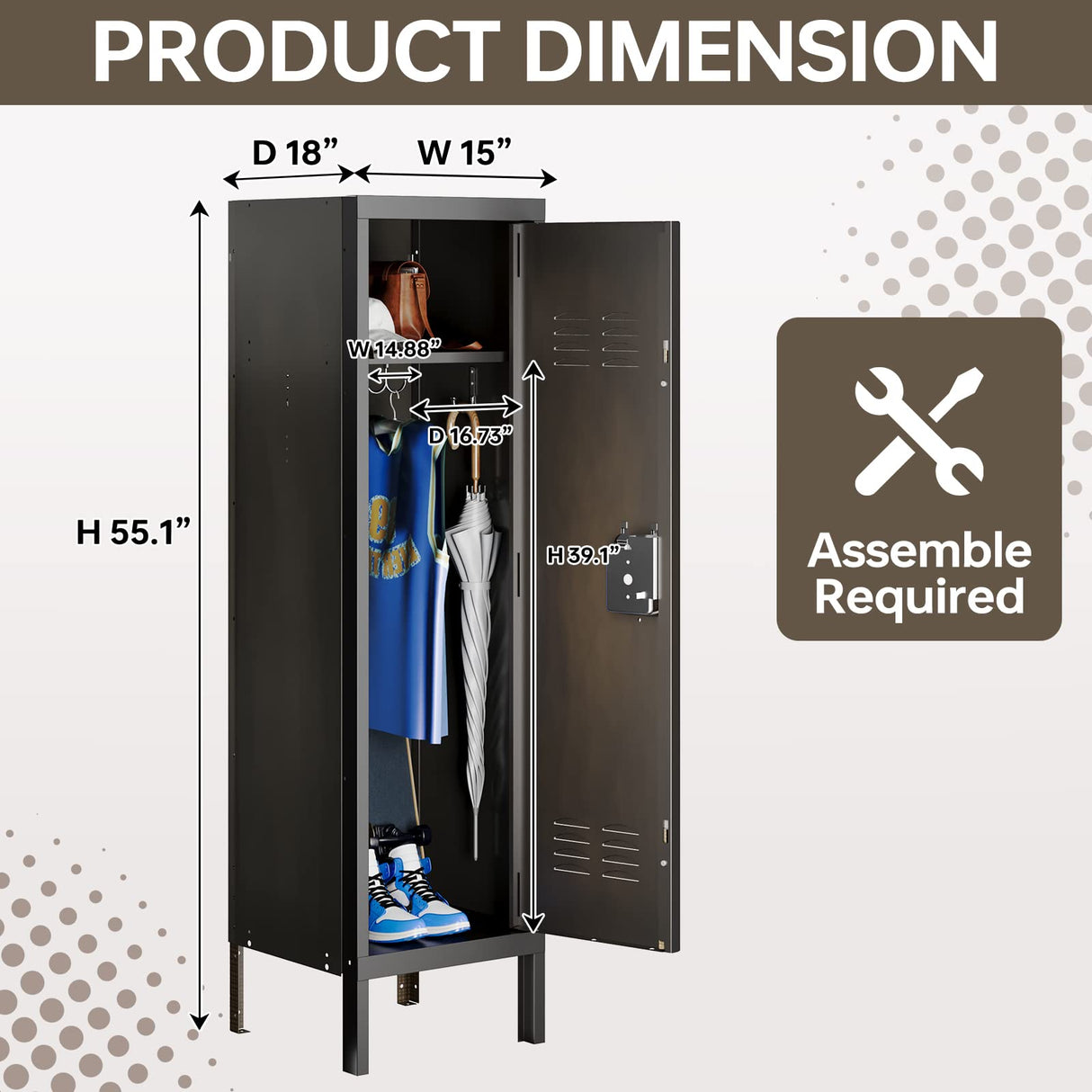 MIIIKO Metal Storage Locker Cabinet with 1 Door, 18“ Deep Lockers with Hanging Hooks, Clothes Locker for School, Bedroom, Home Office, Gym and Changing Room MIIIKO