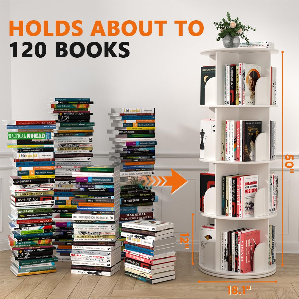 Nidouillet Rotating Bookshelf, 4 Tier Spinning Bookcase Tower Lazy Susan, Revolving 360 Book Shelf Storage Round Organizer, Vertical Rotate Turning Corner Book Case for Small Space, White Nidouillet