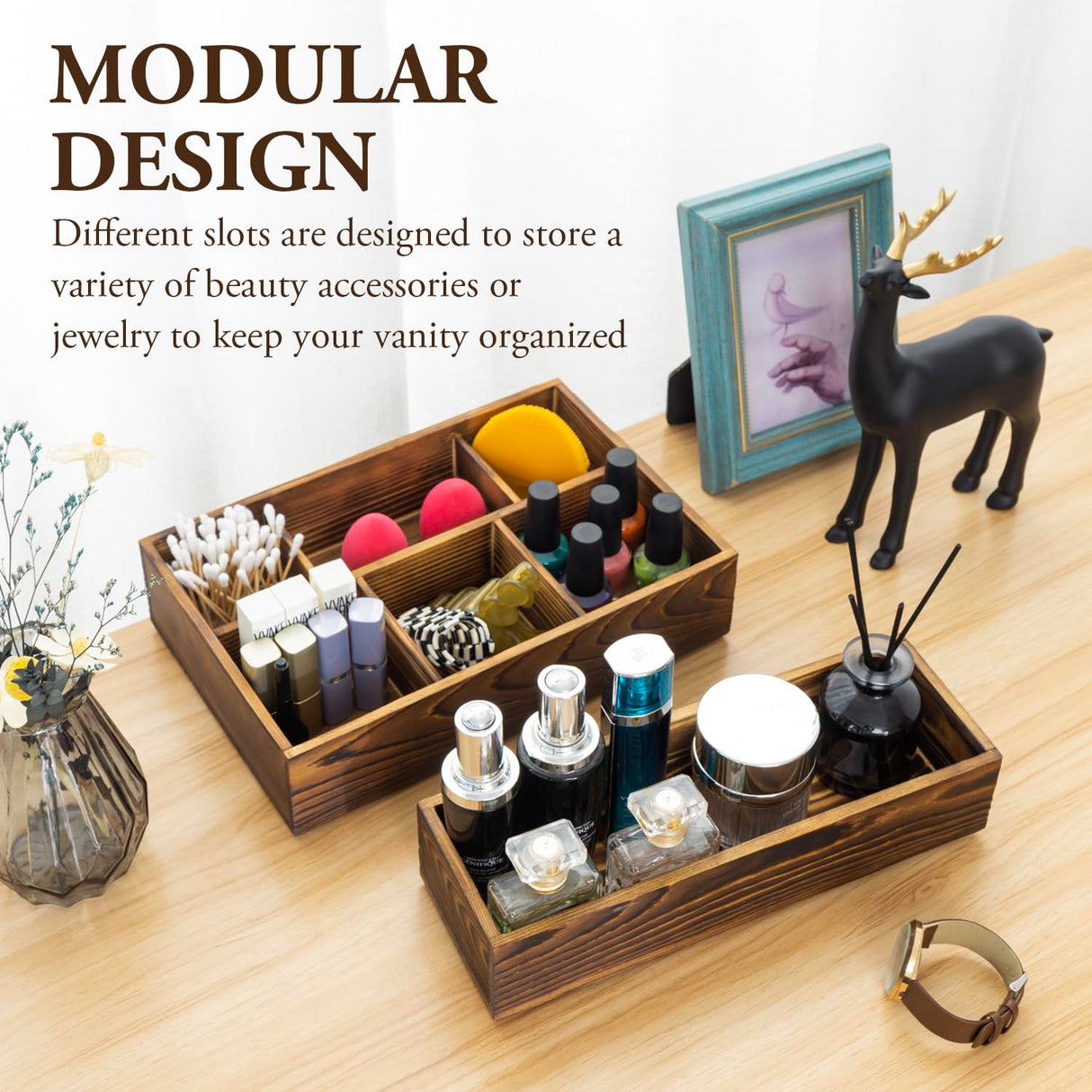 MyGift Counter Storage Organizer, 2 Tier Rustic Burnt Solid Wood Stackable Modular Vanity Countertop Storage Organizer Trays, Decorative Bathroom Makeup Cosmetic Box, 2 Piece Set MyGift