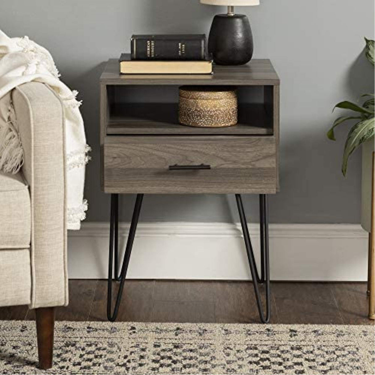 Walker Edison Modern Farmhouse Grooved Door Wood Side Accent Table Living Room Storage Small End Table With Cabinet Door, 18 Inch, Slate Grey Walker Edison