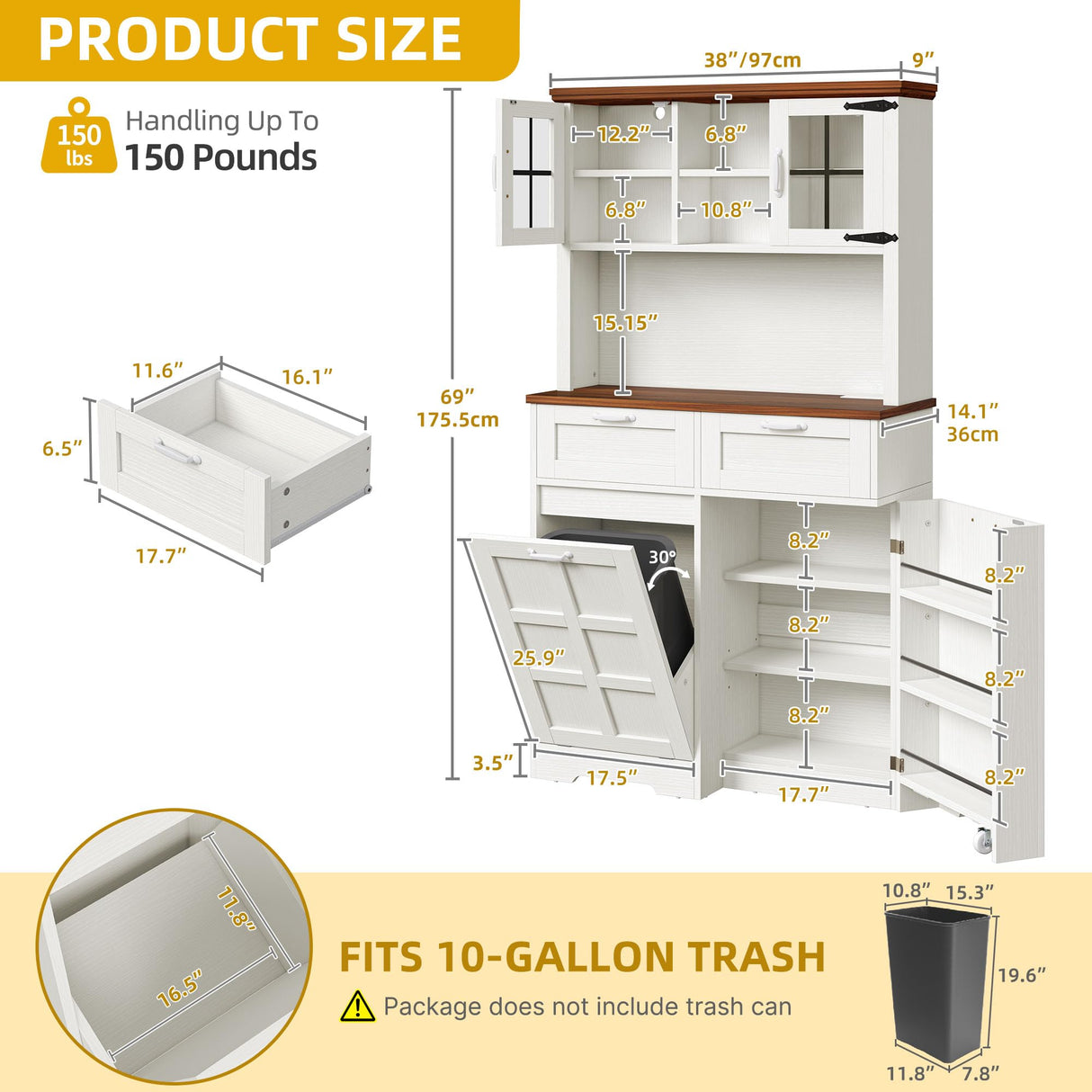 DWVO Kitchen Pantry Cabinet, 70" Tall Farmhouse Freestanding Kitchen Storage Cabinets with 10 Gallon Tilt-Out Trash Can Cabinet,2 Drawers, Microwave Coffee Bar for Living & Dining Room, White Walnut DWVO