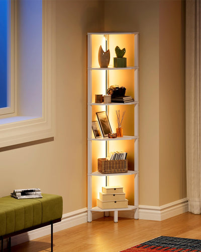 CHOEZON LED Corner Shelf with Lights, 5-Tier Diamond Shape Bookshelf, Standing Narrow Storage Organizer for Living Room, Bedroom, Office, Study, White MCJ03DWB