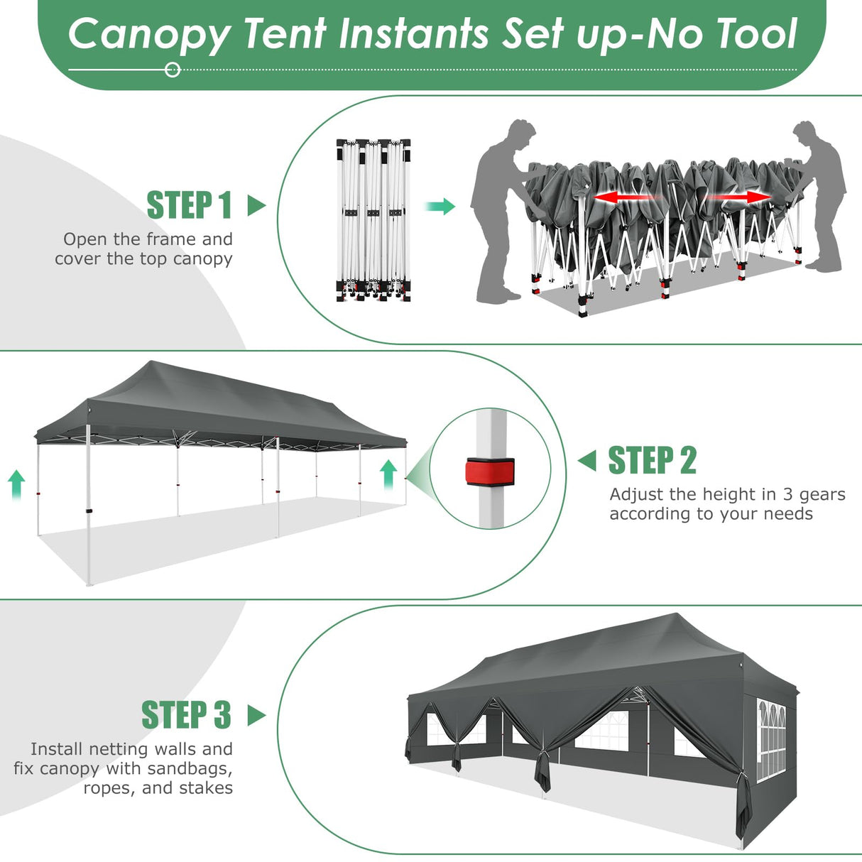 COBIZI Canopy Tent 10x30 Pop Up Canopy with 8 Removable Sidewalls Party Tents for Parties Wedding Patio Commercial Waterproof and UV50+ Ez Outdoor Instant Gazebo with Roller Bag & 4 Sandbags(Grey COBIZI
