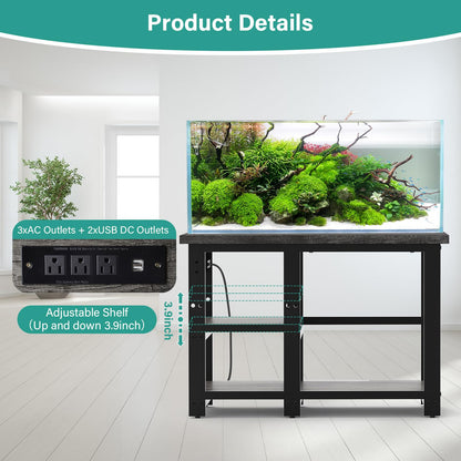 AQQA 40-50 Gallon Fish Tank Stand with 5 in 1 Power Outlets, 36x18 Inch Heavy Duty Metal Frame Aquarium Stand, Adjustable Storage Shelves, 720LBS Capacity Terrarium Stand, 3 Tiers Reptile Tan - WoodArtSupply