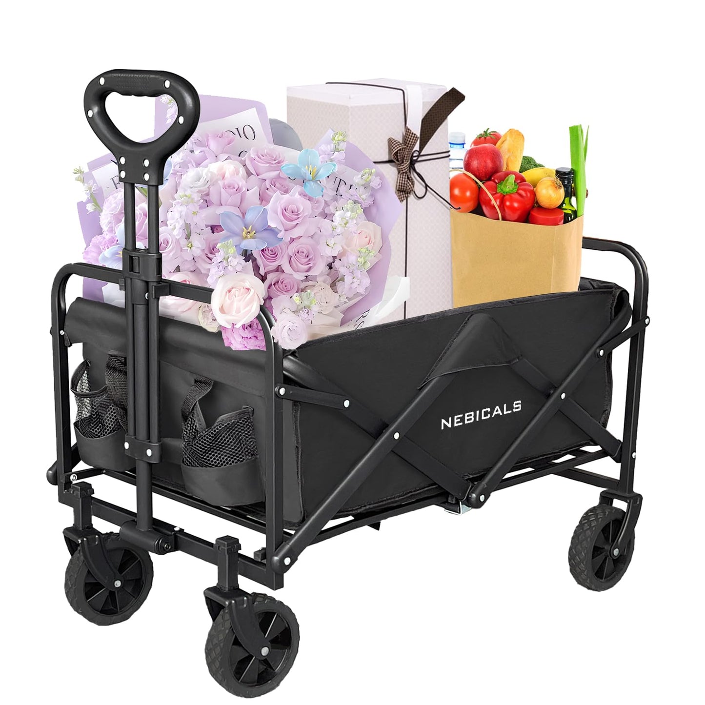 NEBICALS Small Wagons Carts Foldable Pull, Grocery Cart on Wheels Foldable, Collapsible Wagon Cart, Small Beach Wagon Lightweight Folding Fold Up Wagon Apartment, Garden, Black - WoodArtSupply