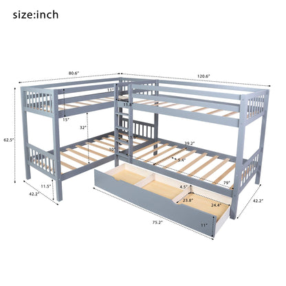 MERITLINE L-Shaped Bunk Beds for 4, Twin Over Twin Bunk Beds with Storage Drawers, Solid Wood Quad Bunk Beds for Kids, Teens, Girls,Boys, Grey