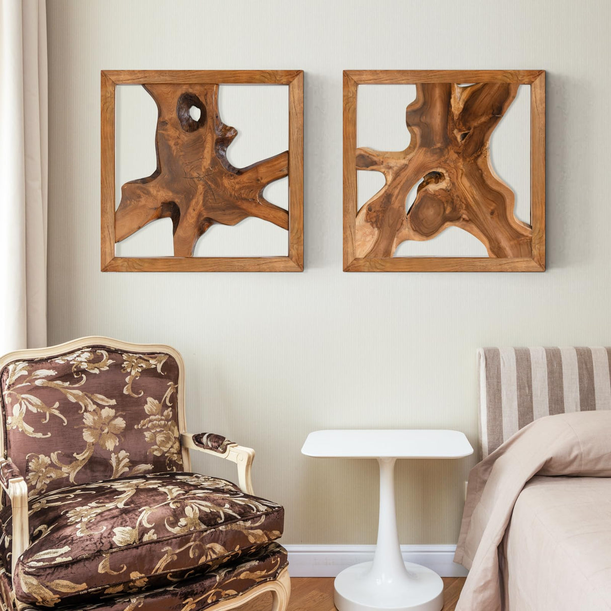 JOLLYMER Live Edge Teak Wood Wall Decor, Rustic Wooden Wall Art, Handcrafted Home Decoration for Living Room Bedroom Office, 17"x17" Natural Frame JOLLYMER