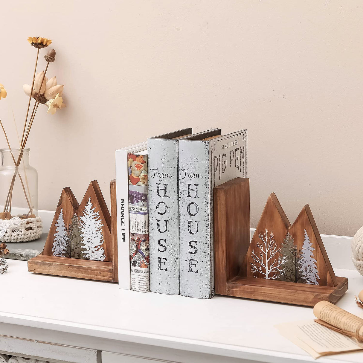 NIKKY HOME Heavy Duty Non Slip Rustic Woodland Mountain Wood Bookend Forest Book Ends Book Stoppers for Cabin Decor Home and Office Shelves Children NIKKY HOME