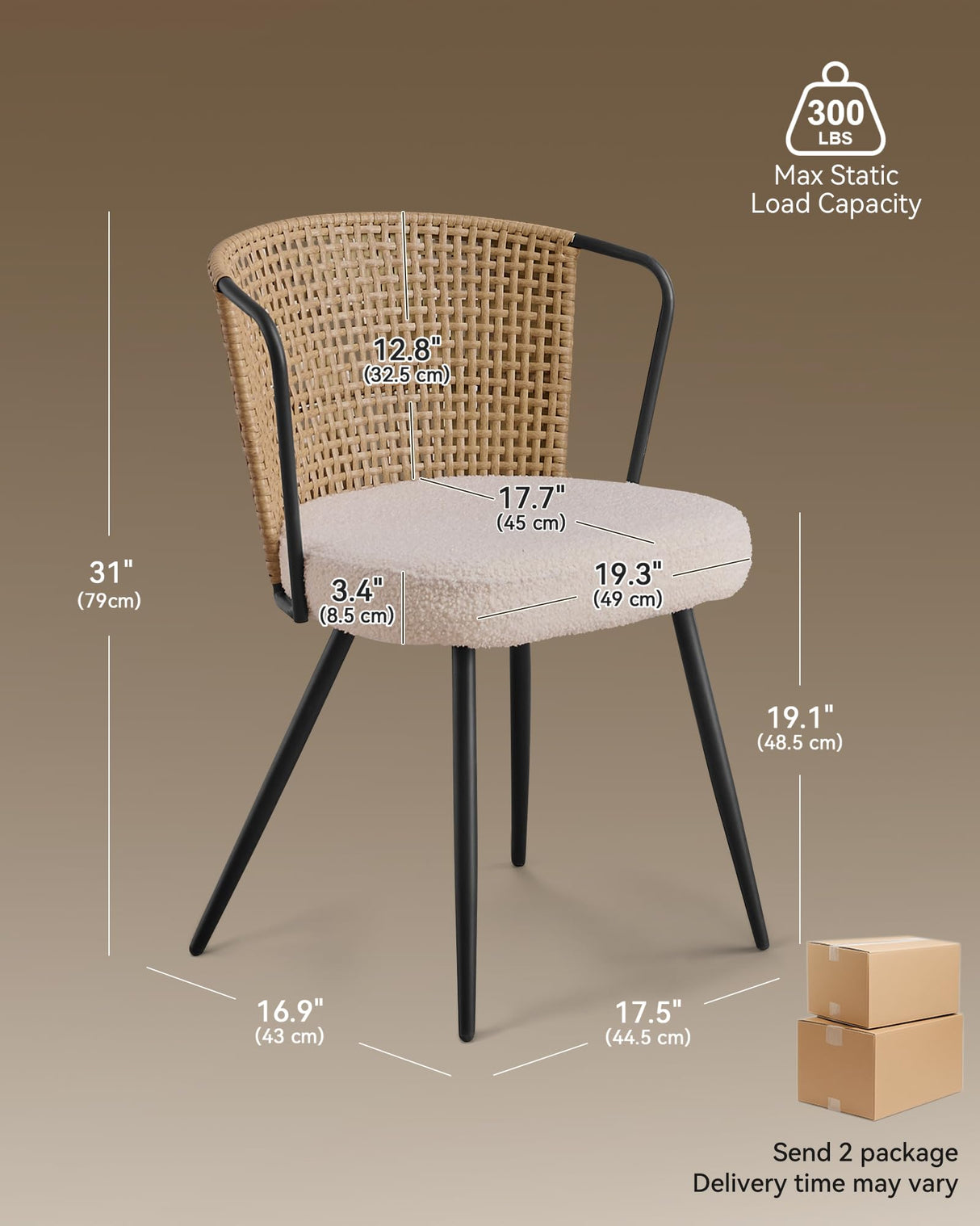 BedsPick Rattan Dining Chairs Set of 4 - Farmhouse Upholstered Cane Back Kitchen Chair with Boucle Cushion, Wingback Dining Room Seat with Metal Legs for Home, Kitchen (Brown) BedsPick