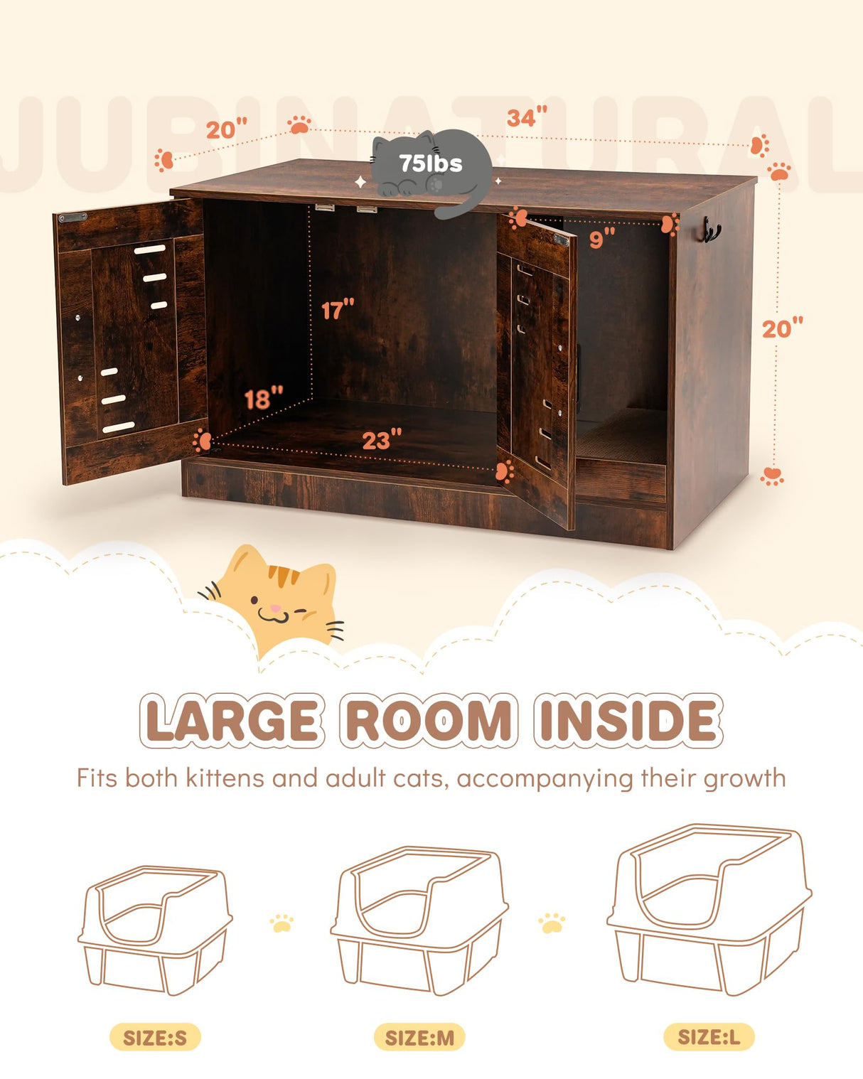JubiNatural Cat Litter Box Enclosure, Hidden Cat Litter Box Furniture with Vent and Scratch Pad, Enclosed Odor Control, Easy Clean Panel, for Bedroom, Living Room, Rustic Brown JubiNatural