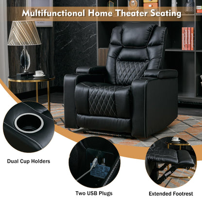 ANJ Power Recliner Chair with USB Port, Electric PU Leather Home Theater Seating for Living Room, Movie Reclining Chairs with Blue Ambient Lighting, Hidden Arm Storage, Cup Holders (Black)