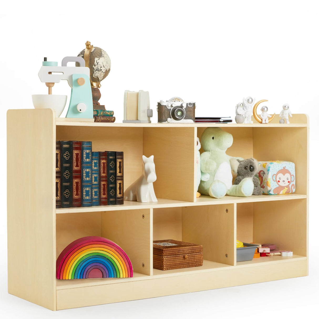 PTINFLUCE Wooden Montessori Shelf - 5-Section Toy and Book Storage Organizer for Kids Rooms PTINFLUCE