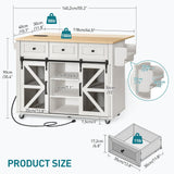RALGEND Kitchen Island with Storage, Kitchen Cart with Charging Station, Rolling Kitchen Island Table with Drop-Leaf, 3 Drawers, Barn Doors, Towel Rack and Spice Rack, White and Natural RALGEND
