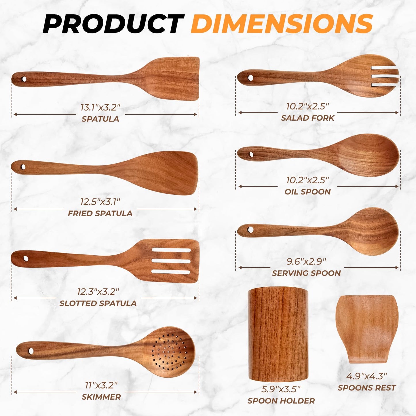 Natural Solid Teak Wooden Cooking Utensils for Nonstick Cookware, Wooden Kitchen Utensils Set Includes Spoons, Spatulas, Strainer Spoon, Salad Fork with Holder and Spoon Rest (9PCS)