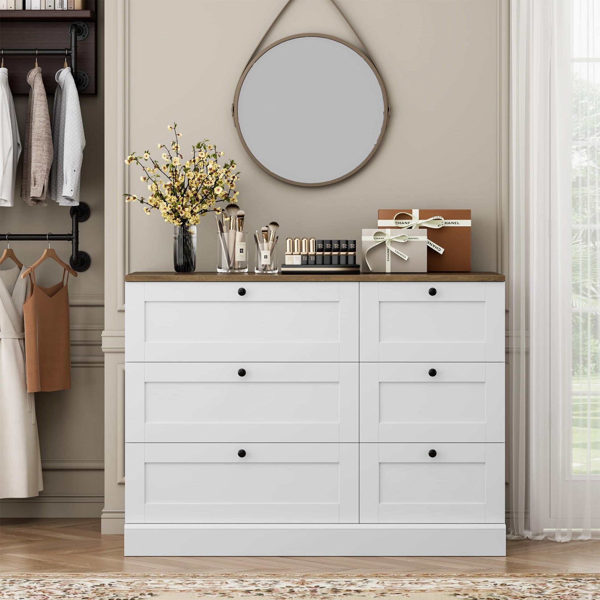 HOSTACK 6 Drawer Dresser, White Dresser for Bedroom, Wood Chest of Drawers, Wide Double Dresser, Modern Farmhouse Drawer Chest for Living Room, Hallway, Entryway, White/Rustic Brown - WoodArtSupply