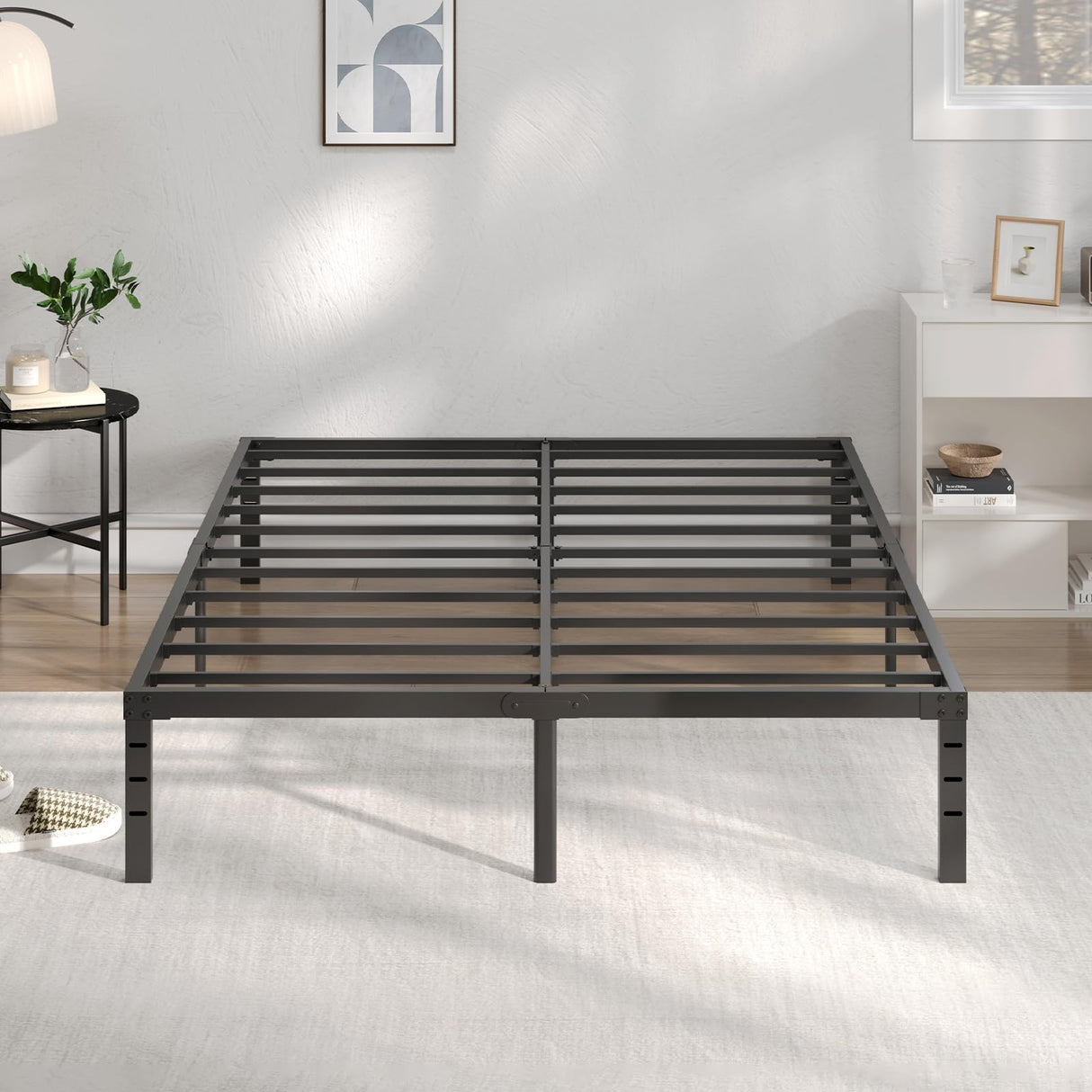 WAYES Queen Bed Frame, 14 Inch High Platform Bed Frame with Storage, Minimal Queen Size Metal Bed Frame, Heavy Duty, No Box Spring Needed, Noise-Free, Easy Assembly, Black WAYES