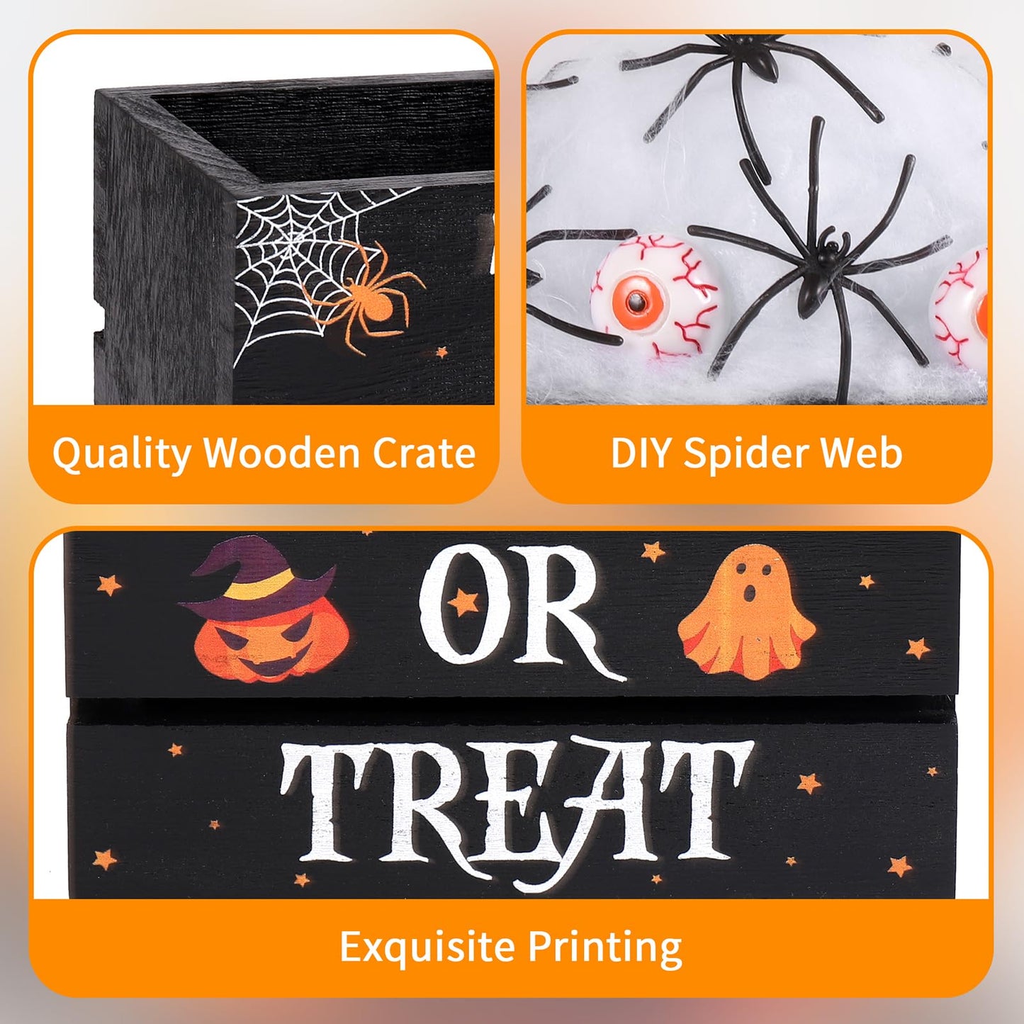 Halloween Mini Trick or Treat Wooden Crate, Decorative Wood Crates Box Wooden Storage Box with Spider Cotton 6 Spider and 2 Eyeballs for Tiered Tray Shelf Table Kitchen Home Halloween Decor