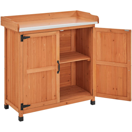 Topeakmart Potting Bench Table - Wooden Storage Cabinet with Removable Shelf & Flexible Space & Metal-plated Tabletop for Outdoor Garden Patio,Brown Topeakmart