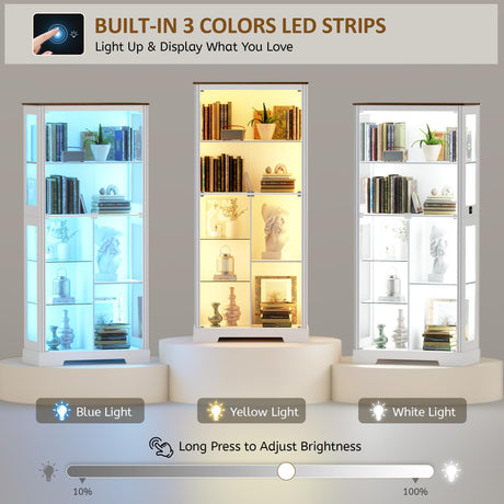Lvifur Display Cabinet with Glass Doors, Modern Curio Cabinet with 3 Color Lights, 7-Tiers Glass Display Cases for Collectibles, Tall Storage Cabinet with Human Body Sensor for Living Room (White) Lvifur