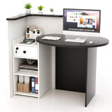 SILKYDRY Reception Desk, Small Retail Checkout Counter with Lockable Drawer and Open Shelves, Wooden Computer Workstation for Home Office Lobby, White Oval Desktop & Black Counter SILKYDRY