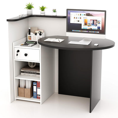 SILKYDRY Reception Desk, Small Retail Checkout Counter with Lockable Drawer and Open Shelves, Wooden Computer Workstation for Home Office Lobby, White Oval Desktop & Black Counter