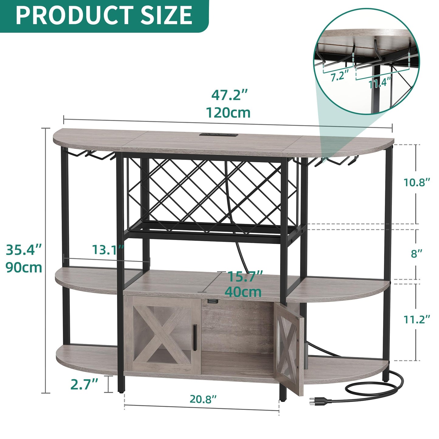 YITAHOME Bar Table Cabinet with Power Outlet, LED Home Mini Coffee Bar Cabinet for Liquor, Metal Wine Cabinet Bar Stand with 4-Tier Storage and 2 Doors, Wash Grey