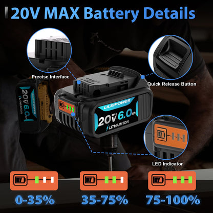 LILEIPOWER 2Pack 20V 6.0Ah Battery Replacement for Dewalt 20V Max Battery and DCB102 Charger Combo Compatible with Flexvolt 20V/60V Battery DCB206 DCD/DCF/DCG/DCS Cordless Power Tools - WoodArtSupply