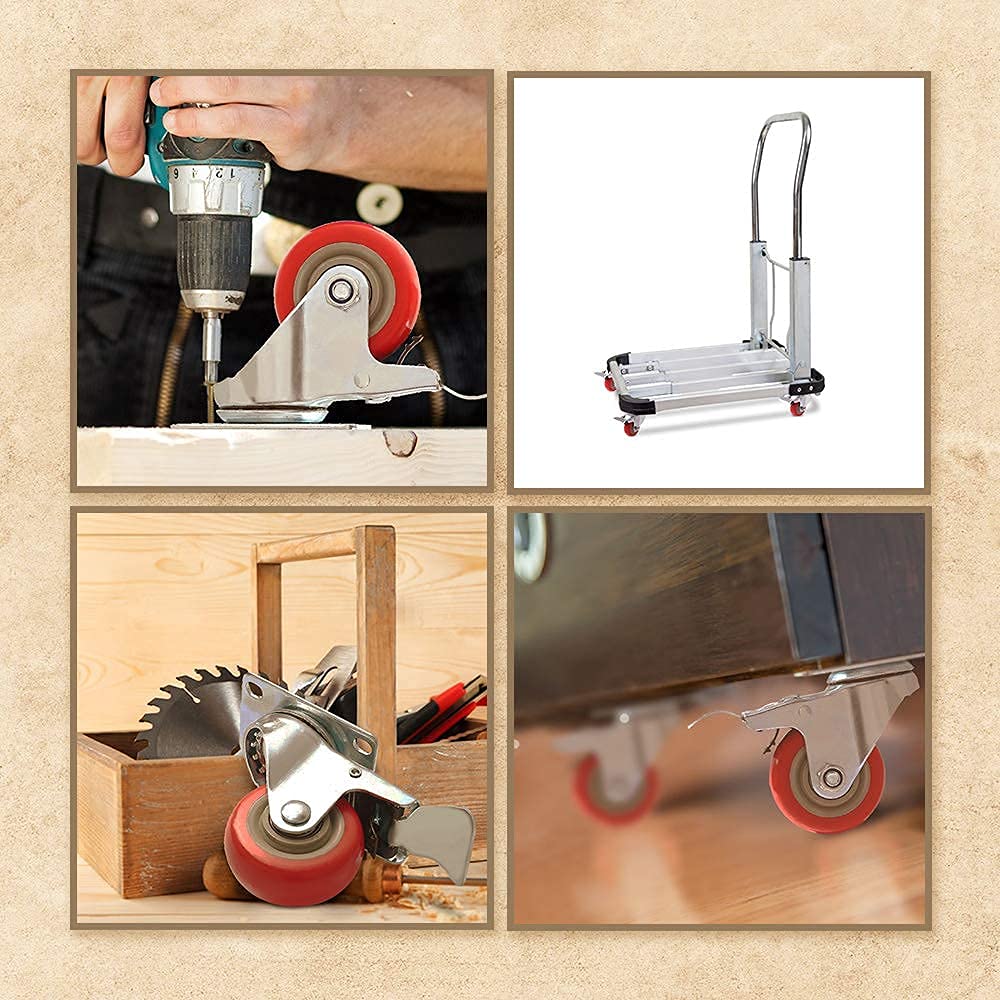 8 Pack 3 Inch Combo Caster Swivel Plate 4 w/Brake & 4 Plate Heavy Duty on Red PU Wheels with Heavy Duty Screws FactorDuty