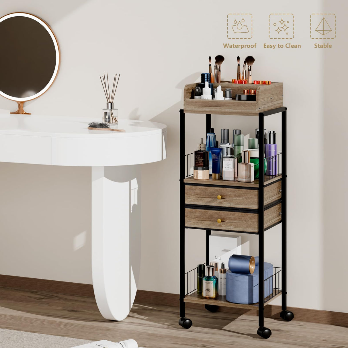 Makeup Organizer Cart Shelf Floor Skincare Organizers Make Up and Station Storage Cabinet For Vanity Standing Cosmetics With Drawers and Wheels For Nail Polish Perfume Hair Tool Beauty(Grey Oak) lurcns
